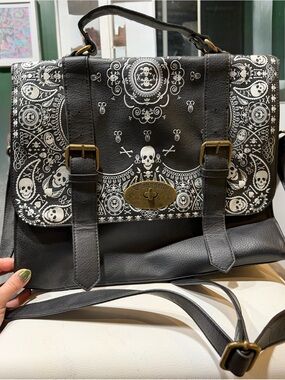 Loungefly Black Skull Print Messenger Bag with Brass Accents